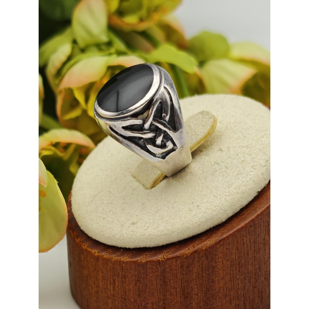 Celtic Triquetra Artisan Handmade Ring Unisex 4.5 Black Onyx Sterling Silver 925